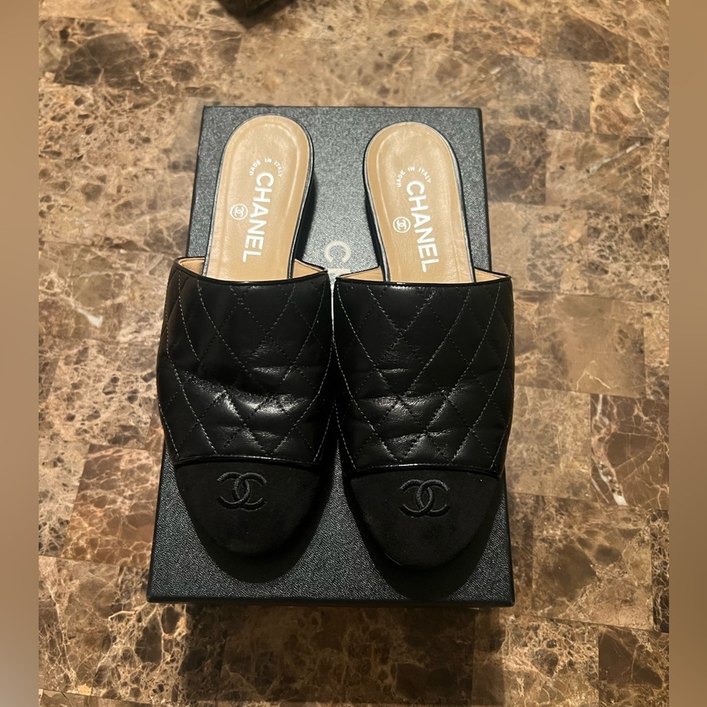 CHANEL Black Quilted Mules